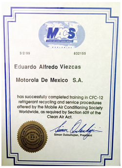 Certificado MACS Worldwide: Reciclaje y servicio de refrigerante CFC-12