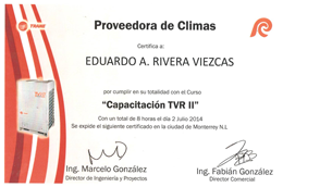 Certificado Proveedora de Climas · Trane: Capacitación TVR II