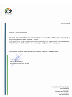 Carta Carrier Enterprise México: Distribuidor autorizado Carrier VRF y Toshiba