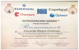 Reconocimiento Refrigeración Lozano · Emerson: Seminario Copeland & Chemours